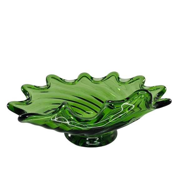 Art Glass Folded Swirl Candy Bowl Trinket Dish Green Vintage - Picture 4 of 10
